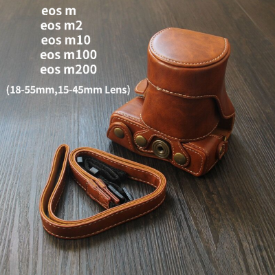 R PU สำหรับ Canon EOS M200 M100 M10กล้อง15-45มม. 18-55มม. กระเป๋าสะพายเลนส์ EOS M M2ฐานฝาครอบหนังพร้อมพอร์ตขาตั้งกล้อง