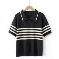 【มีไซส์ใหญ่】Plus Size Womens Short Sleeve XL-4XL Summer New Shirts Fashion Pullover Polo Tops Oversized V-neck Striped Ice Silk Top