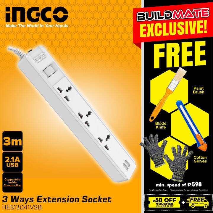 INGCO 3 Way Extension Cord Universal Socket Outlet with USB HES13041VSB