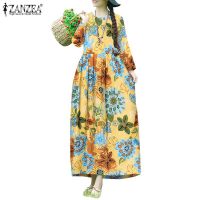 ZANZEA Women Casual O Neck Full Sleeve Floral Printed Loose Vintage Dresses