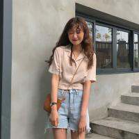 Korean Version Western Style Design Half-Sleeved Shirt Temperament Fashionable All-Match V-Neck Short Slimmer Look Lapel Top Girls Must-Have Girlfriend