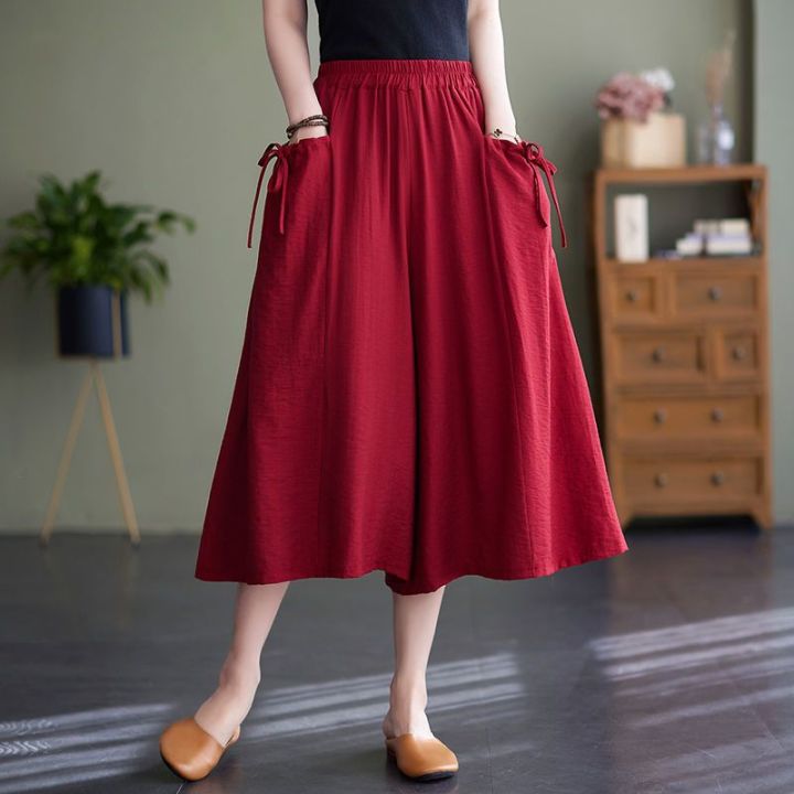 กางเกงห้าส่วนขากว้างลำลองผ้าลินินผ้าไหมน้ำแข็งสำหรับผู้หญิงกางเกง-gaun-modis-ทรงหลวมแนวย้อนยุคใหม่ฤดูร้อน