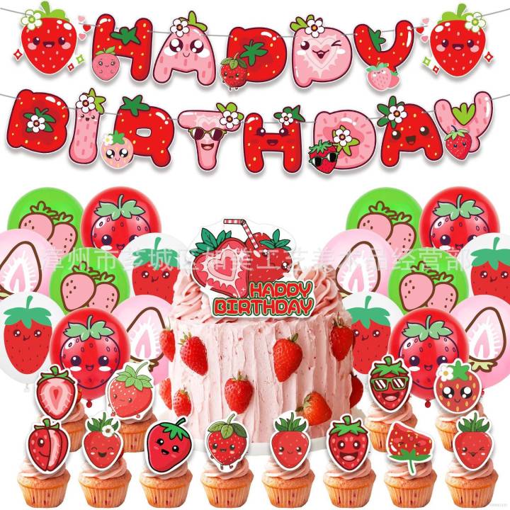strawberries-theme-kids-birthday-party-decorations-banner-cake-topper-balloons-set-supplies