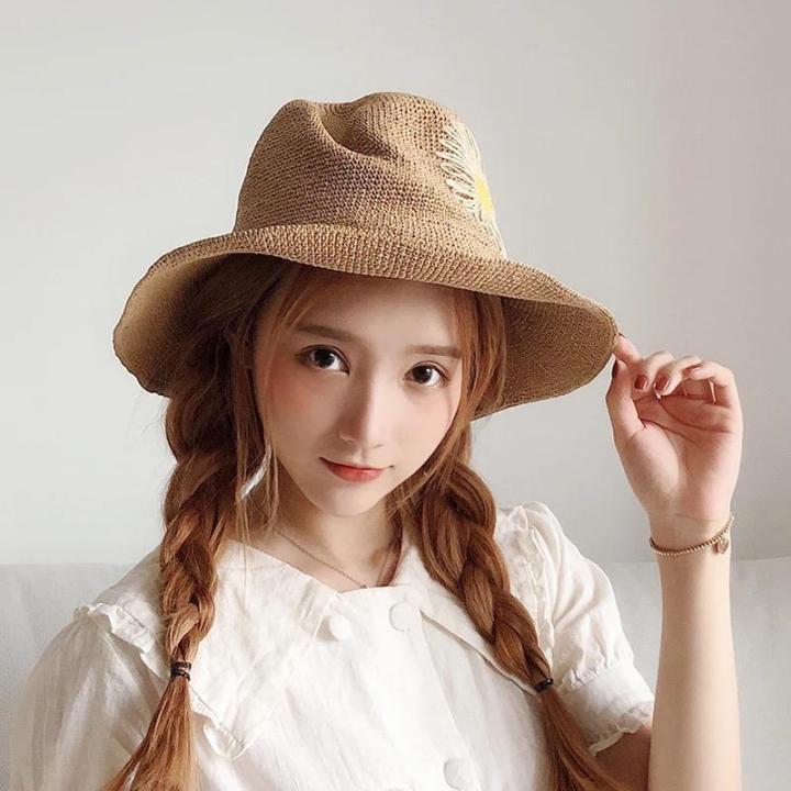 หมวกสานญี่ปุ่น-หมวกบัคเก็ต-น่ารัก-กันแดด-ใส่ได้ทุกที่-หมวกสานสีกากี-หมวกสานสีครีม-หมวกลายดกไม้-หมวกแฟชั้น
