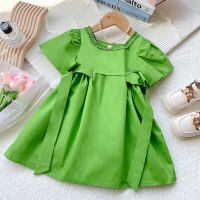 ZZOOI Butterfly-Knot Green Dress for Kids Girl New 2022 Summer Girls Love Button Puff Sleeve Princess Dresses 3-8Y vestidos Clothes