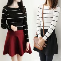 Korean Version Simple Classic Striped Knitted Top Preppy Style Slim-Fit Slimmer Look Long-Sleeved Sweater Girls Dress One-Shoulder Bottoming