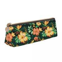 Floral Pattern Triangle Pencil Case Tropical Orange And Green Flowers University Pencil Box Teenager Kawaii Leather Pen Bag