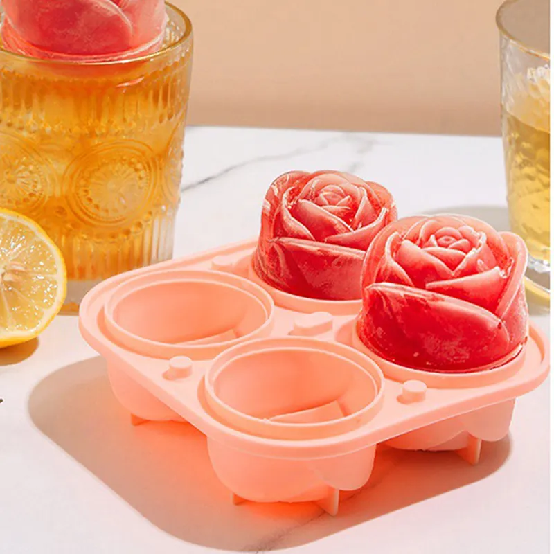 Rose Ice Maker,3d Rose Ice Mold, Large Ice Tray, Making Four Lovely Flower  Shaped Ice, Silicone Rubber Fun Big Ice Ball Maker Suitable For Cocktail  Juice Whisky Bourbon Refrigerator, Dishwasher Clean 