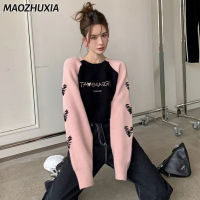 MAOZHUXIA แฟชั่นคอกลมจดหมายรักสำหรับผู้หญิงฤดูหนาวเสื้อกันหนาวแบบสั้น