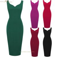 【YF】 SISHION Red Green Sweetheart V Neck Sleeveless Office Women Midi Bodycon Sexy Pencil Dresses Vintage Elegant Slim Dress VD3330