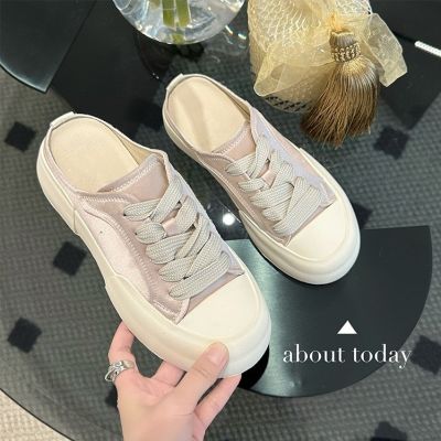 Womens Thick-Soled Satin Toe Cap Semi Slipper 2023 New Silk and Satin Shoes Bread Flat Slippers Outdoor Lazy Casual Sneakers