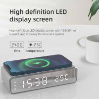 Digital Alarm Clock Wireless Charger Dock Mirror Face Clock with ThermometerTH