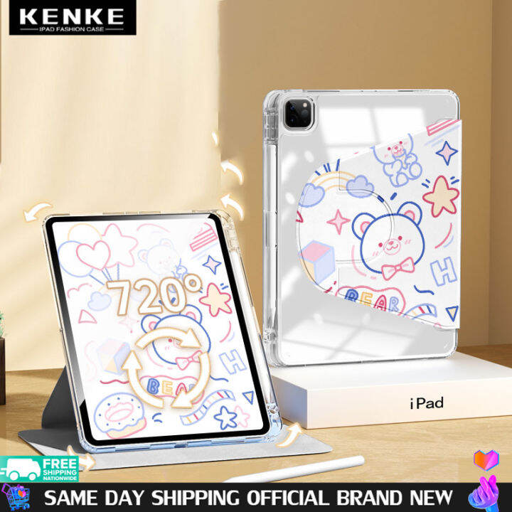 เคส-ipad-ของ-kenke-การ์ตูน-doodle-น่ารัก-หมุนได้-720-รองรับแนวนอนและแนวตั้ง-เคสสมาร์ทอะคริลิคพร้อมช่องใส่ดินสอ-apple-ii-ดินสอชาร์จ-for-apple-ipad-2022-m2-pro-11-ipad-7-8-9-th-gen-2020-2021-ipad-air-5-