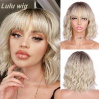 Short Ombre Blonde Wigs Wavy Bob Wig with Air Bangs Womens Synthetic Curly Pastel Bob Wig for Girl Colorful Cosplay Wigs