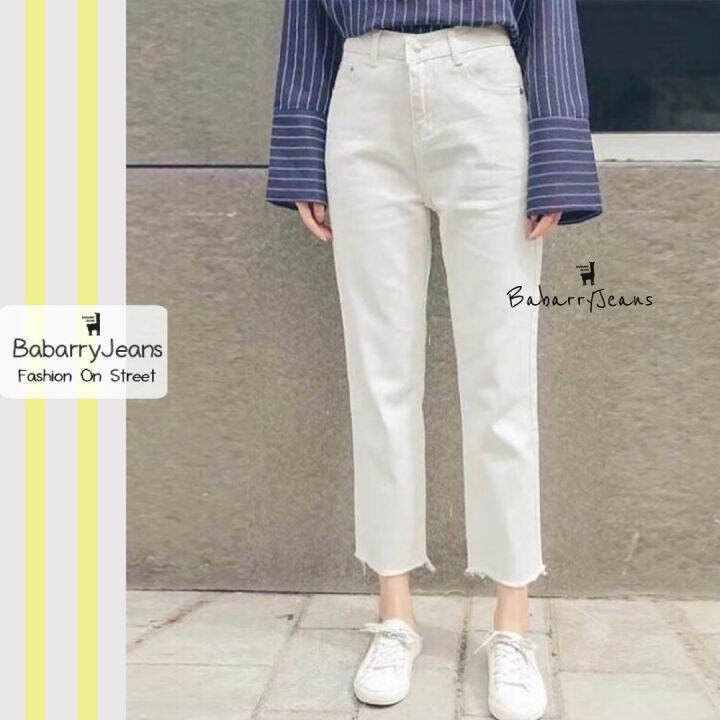 พร้อมส่ง-babarryjeans-ยีนส์ทรงบอยเฟรน-เอวสูง-ปลายขาตัด-ผ้ายีนส์ไม่ยืด-สีขาว