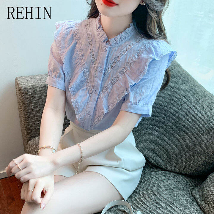 rehin-เสื้อเชิ๊ตผู้หญิงผ้าชีฟองมีรูระบาย-เสื้อเชิ๊ตผู้หญิงผ้าชีฟองสัมผัสการออกแบบแฟชั่นใหม่เสื้อเชิ๊ตผู้หญิงเสื้อผู้หญิงแขนสั้นฤดูร้อน