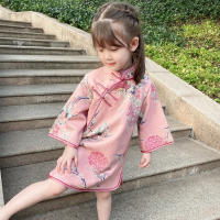 【CW】Cheongsams Chinese Traditional Qipao for Kids Girls New Years Vintage Tang Suit Crane Printed Long Sleeve Winter Velvet Dress