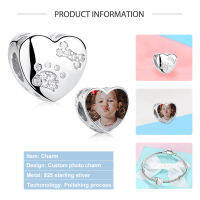 HoESHE 925เงินสเตอร์ลิง Paw พิมพ์ Heart Custom Photo Charms ลูกปัด Fit สร้อยข้อมือสร้อยคอ DIY เครื่องประดับส่วนบุคคล