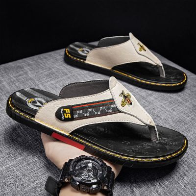 European station trendy brand flip-flops mens summer leather slippers outdoor deodorant anti-slip beach sandals