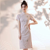 FONELY FAIRY Summer Pearl Embroidered Split Vintage Stand Collar Cheongsam 2022 Elegant Sweet Modern Vintage Midi Dress Female