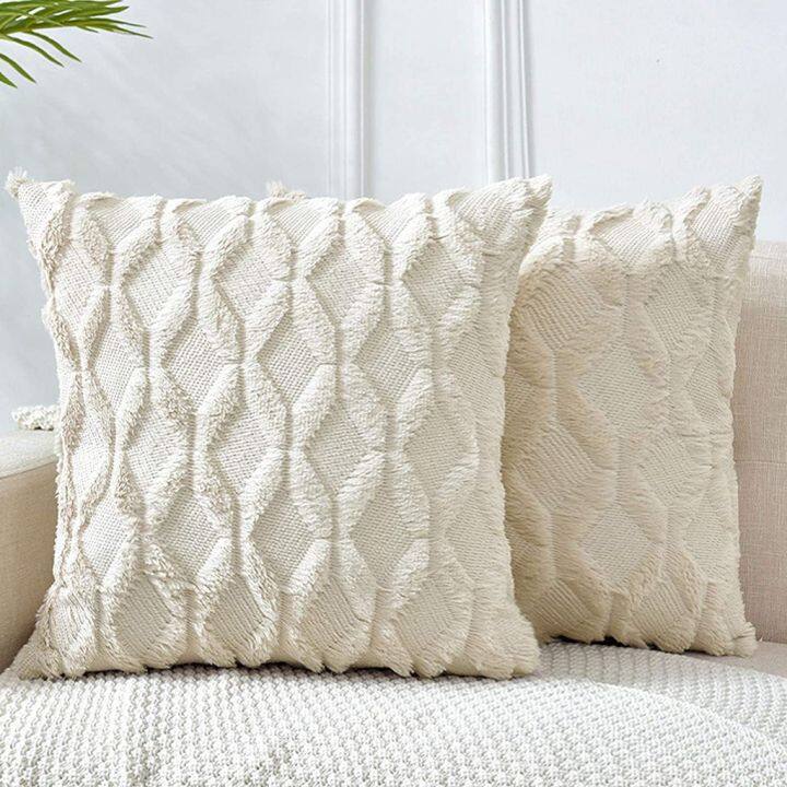 Boho Throw Pillow Covers 18x18 Set Of 4 For Sofa Couch Bed, Soft Faux Wool Decorative  Pillows Cover For Living Room Decor, Cream Beige