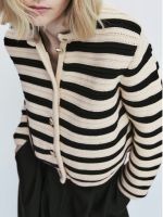 Women Single Breasted Striped Cardigan Jacket O-Neck Long Sleeve Casual Slim Short Knitted Coat For Ladies 2023 Spring