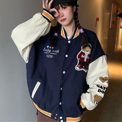 Vintage Bear Letters Baseball Jacket Coat Women Oversized Outerwear  New Harajuku Korean Style Loose Jacket Students Girls