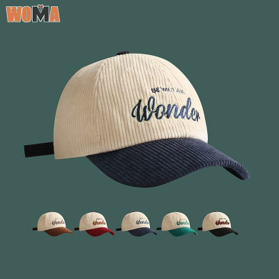 WOMA หมวกคอร์ดูรอยหมวกเบสบอลกับหมวกมีดีไซน์บล็อกสีอเนกประสงค์ปักตัวอักษรวินเทจ