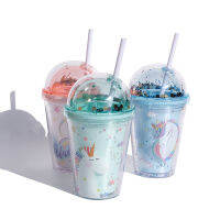 380ml Unicorn Straight Water Tumblers with Glitter Arch Lid Double-layer Transparent Plastic Girls Goddess Straw Cup