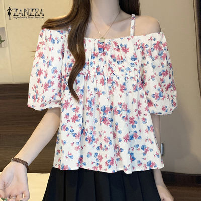 (สินค้ามาใหม่)(จัดส่งฟรี)Fancystyle ZANZEA สไตล์เกาหลีของผู้หญิงแขนพัฟเปิดไหล่ชุดผู้หญิงเสื้อเชิ้ตลำลองเสื้อยืดตัวบนพิมพ์ดอกไม้ #9