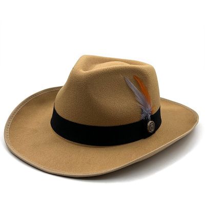 หมวกเสื้อชาวทิเบตปีกกว้างหมวกสักหลาดคาวบอยตะวันตกกับแถบขนนกผู้หญิงผู้ชายหว่าหมวกปีกกว้างแจ๊ส