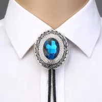 Blue Rhinestone รอบรูปร่าง Bolo Tie สำหรับ Man อินเดียคาวบอย Western Cowgirl หนังเชือกสังกะสีโลหะผสมเนคไท