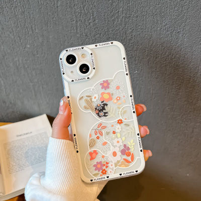 ป้องกันเลนส์ที่แม่นยำเคสโทรศัพท์สำหรับ เข้ากันได้สำหรับ เคส iPhone 11 12 13 Pro Max เคสใส X XS Max 7 8 Plus SE 2020 หมีดอกไม้