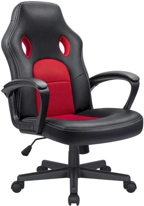 คอมพิวเตอร์หนังสังเคราะห์เครื่องเก้าอี้เล่นเกมเก้าอี้สำนักงานด้วยหมอนรองเอวสีแดง