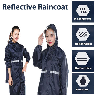 เสื้อกันฝน ชุดกันฝน สีกรมท่ามีแถบสะท้อนแสง ชุดกันน้ำ รุ่นหมวกติดเสื้อ แยกส่วน เสื้อและกางเกง ใช้งานได้ดี แบบหนา Raincoat suit