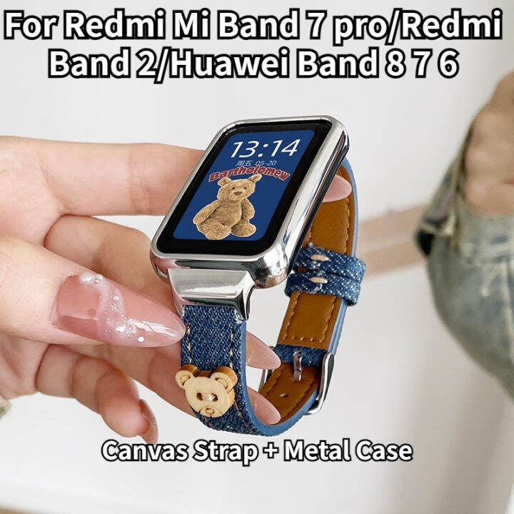 สายรัดผ้าใบพร้อมเคสโลหะสำหรับวง-xiaomi-mi-7pro-redmi-smart-band-2-strap-huawei-band-8-7-6-สายรัดเปลี่ยนสายรัดข้อมือสมาร์ทกีฬาเครื่องประดับแฟชั่น