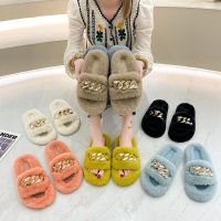 【CW】 Women  39;s Winter Slippers Chain Decoration Home Fuzzy Slippers Women Plush Flip Flops Female Indoor Fluffy Soft Slippers For Women