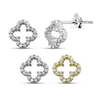 925 Silver Lucky Clover Stud Earrings CZ Silver, ต่างหูสตั๊ด Lucky Clover เงิน 925 เงิน CZ