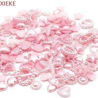 XIEKE 100PCS ครึ่งรอบ สีขาวสีฟ้าสีเบจสีชมพู หัวใจดาว อุปกรณ์เสริมรองเท้าโทรศัพท์ โบว์ดอกไม้ Rhinestones Pearl Art Flatback Beads ไข่มุกเอเลี่ยน