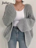 ❀✤ Jielur Loose Color Cardigan Woman Street Knitting Womens Gray