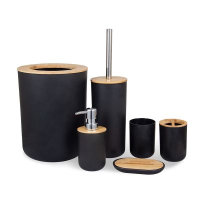【jw】■☍ Conjunto De Banheiro Madeira Bambu suporte Escova Dentes Saboneteira Lixeira Recipiente Vaso Sanitário 6Pcs por