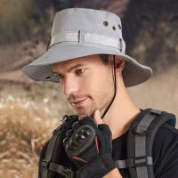 Trendy Mens Bucket Hat With Circular Ribbon Metal Vent Breathable Outdoor Hiking Fishing Hat Flat Roof Big Brim Anti-UV Sun Hat