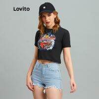 Lovito เสื้อยืด คอกลม เอวลอย สไตล์ลำลอง L10076 (สีดำ) 5211033♛