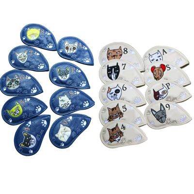 9 Pcs Portable Golf Club Headcovers Cute Cartoon Cat Pattern PU Waterproof Fairway Hybrid Putter Cover Set Vintage