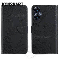 KONSMART เคสพับได้ลายดอกไม้ผีเสื้อ Realme C55 C53,เคสโทรศัพท์หนัง Pu กระเป๋าสตางค์2023 NFC สำหรับ RealmeC55 Realme10 10pro + 9 9pro + C30 C31 C35ที่จับแบบตั้งได้เคสแบบพับปิดได้ C55