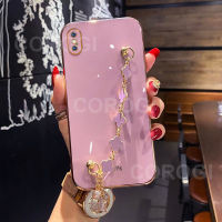 Maitus เคสสำหรับ iPhone Xs/iphone X พร้อมสร้อยข้อมือโคลเวอร์สี่แฉกกรอบสี่เหลี่ยมเคลือบ6D เงากรอบเคสมือถือกรอบด้านหลังป้องกันซิลิโคน