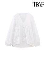 TRAF Women Fashion With Lace Oversized Linen Blouses Vintage Long Lantern Sleeves Front Button Female Shirts Blusa Chic Tops