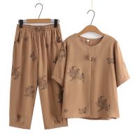 【มีไซส์ใหญ่】Plus Size Womens XL-4XL Short Sleeve Top + Ankle Pants 2pcs Summer Sets Casual Fashion Female Vintage Suits