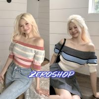 Zero shop?พร้อมส่ง? (Zero-V58) เสื้อไหมพรมเปิดไหล่ แขนสั้น ดีเทลลายทาง