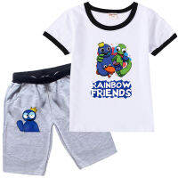 Rainbow Friends Ro Bloxs เสื้อยืดแขนสั้นผ้าฝ้ายลายการ์ตูน + กางเกงกีฬาชุดสองชิ้นสำหรับเด็กผู้ชายและแบบลำลองสำหรับเด็กผู้หญิงชุดสูทแฟชั่น0000